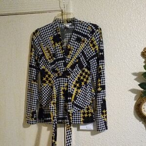 Stylish Women's Houndstooth Blouse- Black, White, Yellow